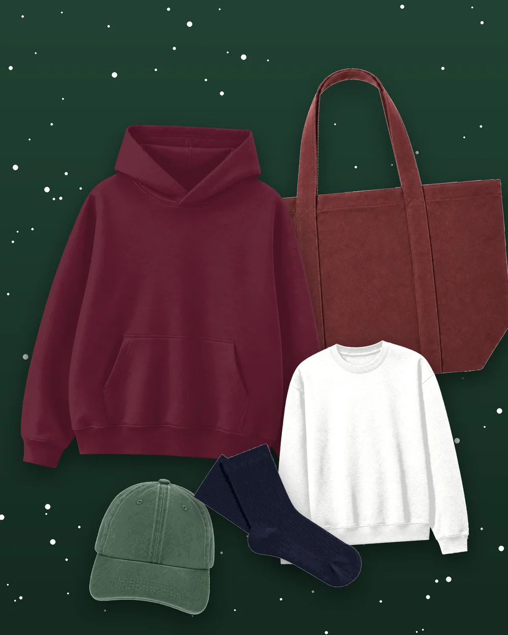 Classic hoodie · Large tote · Crewneck · Cap · Socks